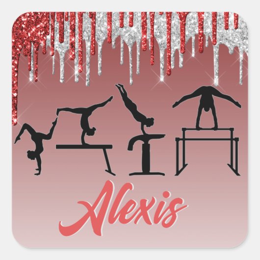 Gymnastics Red and Silver Glitter Drip Ombre     Vierkante Sticker (Voorkant)