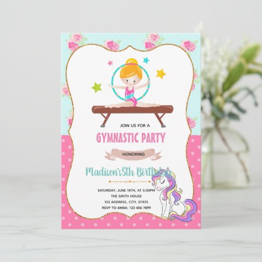 Gymnastics unicorn-uitnodiging kaart (Staand voorkant)