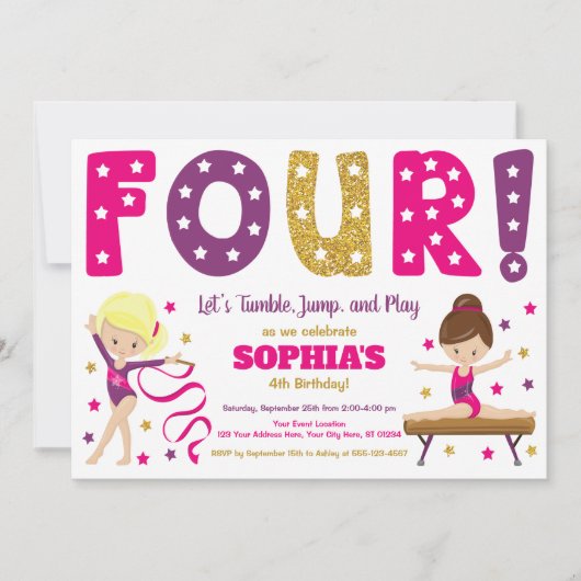 Gymnastiek 4e verjaardag uitnodiging | Hot Pink (Voorkant)