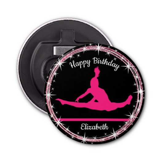 Gymnastiek Bars Birthday in roze en zwart Button Flesopener (Voorkant)