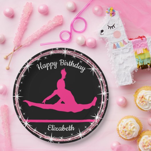 Gymnastiek Bars Birthday in roze en zwart Papieren Bordje (Feest)