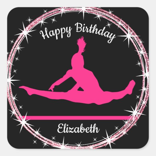 Gymnastiek Bars Birthday in roze en zwart Vierkante Sticker (Voorkant)