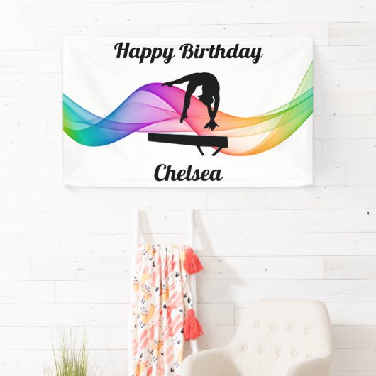 Gymnastiek Beam "Happy Birthday" Kleurrijke Wervel Spandoek (Insitu)