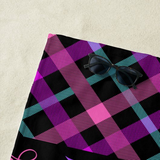 Gymnastiek Beam Roze Paars Blauwgroen Tartan Strandlaken (In situ)