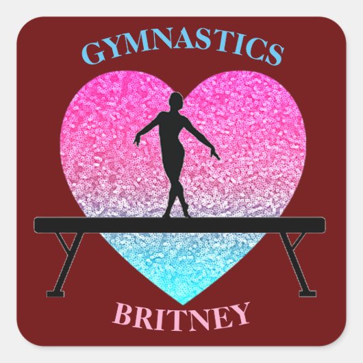 Gymnastiek Beam Sparkle Heart Burgundy Vierkante Sticker (Voorkant)