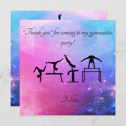 Gymnastiek Bedankt Card in roze / blauw (Voorkant / Achterkant)