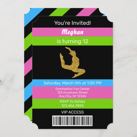 Gymnastiek Birthday Gold Glitter Uitnodiging (Voorkant / Achterkant)