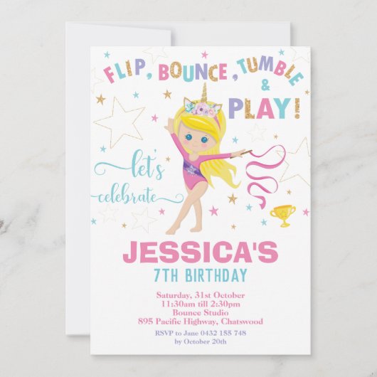 Gymnastiek Birthday Party Unicorn Blonde Girl Kaart (Voorkant)