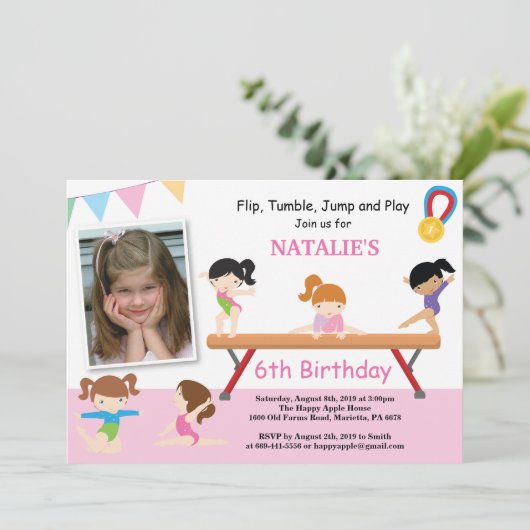 Gymnastiek Birthday Uitnodiging Roze Gym Partij (Staand voorkant)