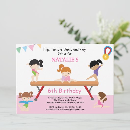 Gymnastiek Birthday Uitnodiging Roze Gym Partij (Staand voorkant)