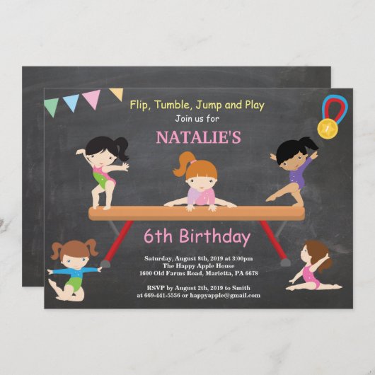 Gymnastiek Birthday Uitnodiging Roze Gym Partij (Voorkant / Achterkant)