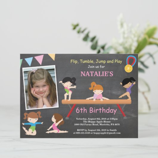 Gymnastiek Birthday Uitnodiging Roze Gym Partij (Staand voorkant)