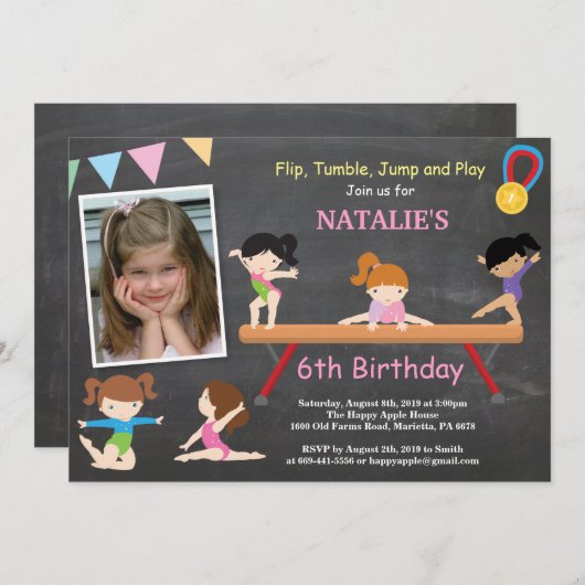 Gymnastiek Birthday Uitnodiging Roze Gym Partij (Voorkant / Achterkant)