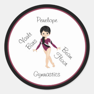 Gymnastiek Black Hair, bruine ogen, Bourgogne Leo Ronde Sticker