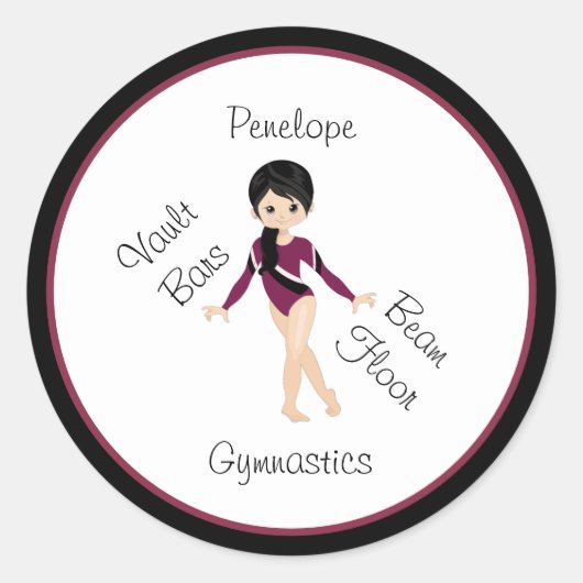 Gymnastiek Black Hair, bruine ogen, Bourgogne Leo Ronde Sticker (Voorkant)