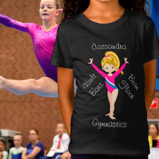 Gymnastiek Blonde, blauwe ogen, roze leotard T-shirt