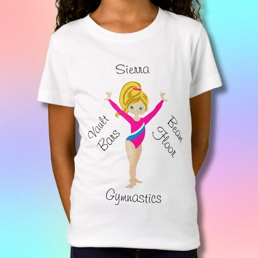 Gymnastiek Blonde, groene ogen, roze leotard T-shirt