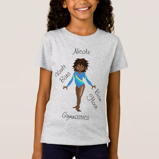 Gymnastiek Brunette, Bruin Eyes, Blauwe Leotard T-shirt (Voorkant)