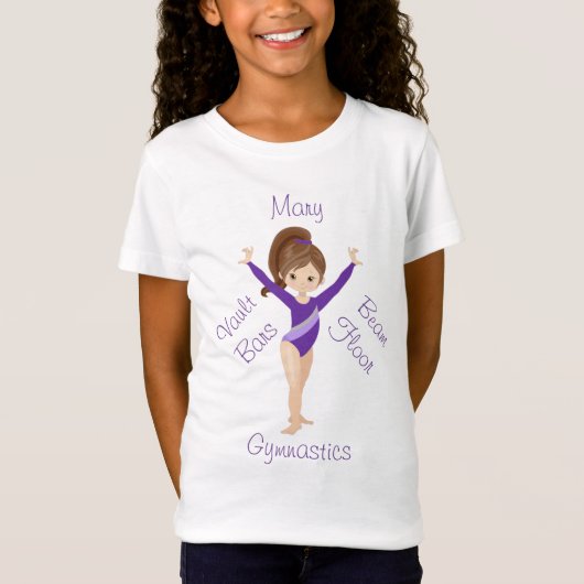 Gymnastiek Brunette, bruine ogen, Paarse leotard T-shirt (Voorkant)