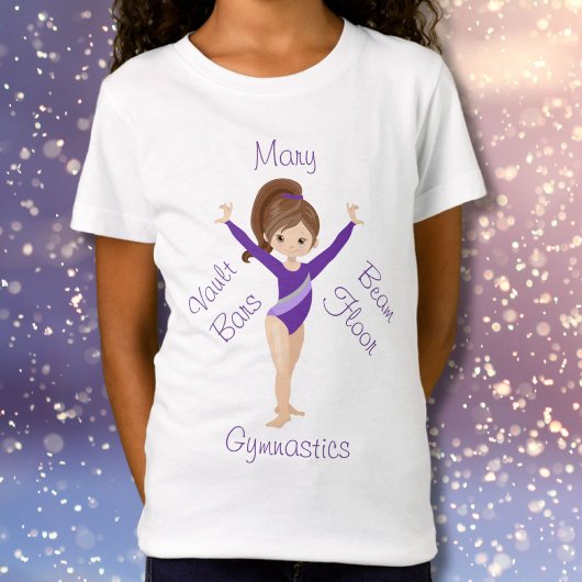 Gymnastiek Brunette, bruine ogen, Paarse leotard T-shirt