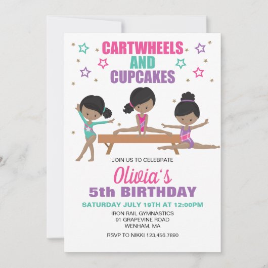 Gymnastiek Cartwheels en Cupcakes Birthday Invita Kaart (Voorkant)