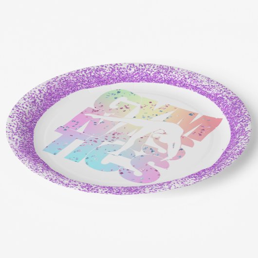 Gymnastiek Confetti Letters met Paarse glitter Papieren Bordje (Gekanteld)