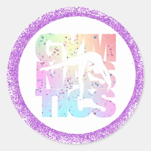 Gymnastiek Confetti Letters met Paarse glitter Ronde Sticker (Voorkant)