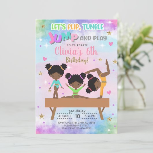 Gymnastiek flip tuimelsprong & spelen meisje verja kaart (Staand voorkant)