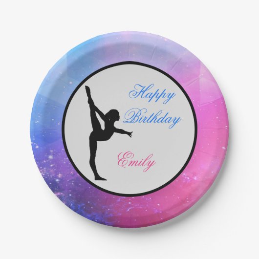 Gymnastiek Happy Birthday Roze / Blauw Papier Bord (Voorkant)