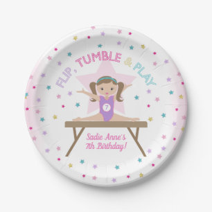 Gymnastiek Jump Cute Brown Hair Birthday Party Papieren Bordje