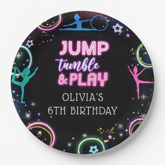 Gymnastiek Jump Tumble & Play Verjaardagsfeest Papieren Bordje (Voorkant)