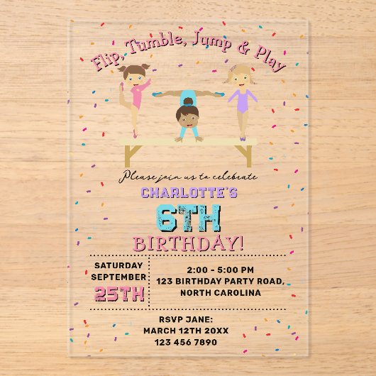 Gymnastiek Kinder Meisje Verjaardagsfeest Thema Cl Acryl Uitnodigingen (Voorkant)