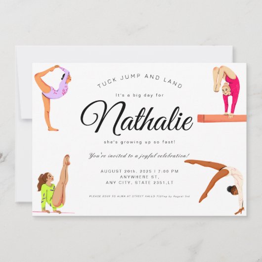 Gymnastiek meisje verjaardagsfeestje uitnodiging (Voorkant)