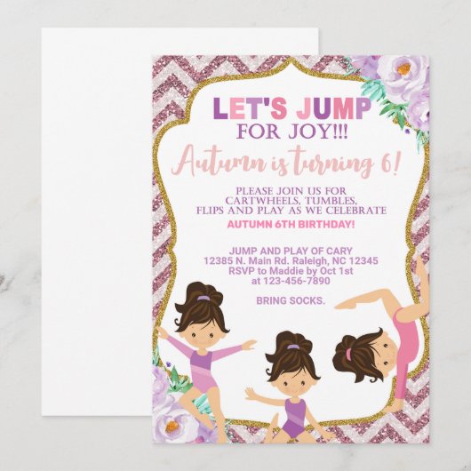 Gymnastiek meisje verjaardagsuitnodiging. kaart (Voorkant / Achterkant)