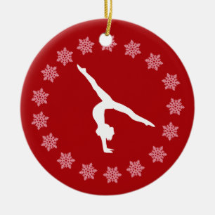 Gymnastiek op maat van rode en witte sneeuwvlokken keramisch ornament