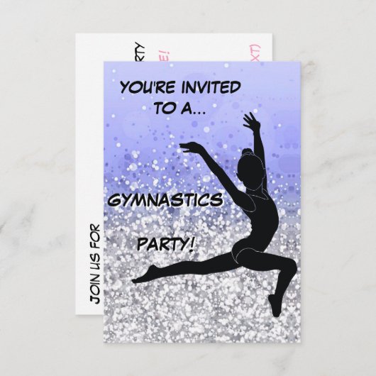 Gymnastiek Party Invitation Paarse Silver Sparkle Kaart (Voorkant / Achterkant)