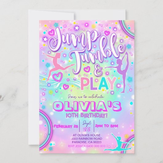 Gymnastiek Party Uitnodiging Jump Tumble Play Neon (Voorkant)