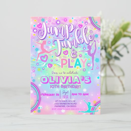 Gymnastiek Party Uitnodiging Jump Tumble Play Neon (Staand voorkant)