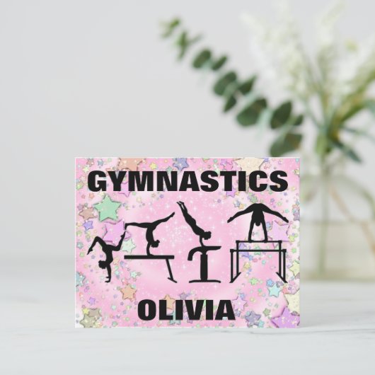Gymnastiek Pink Sparkle Swirls and Stars Briefkaart (Staand voorkant)