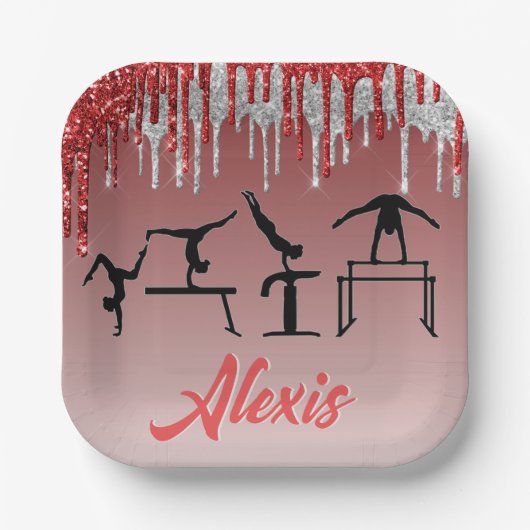 Gymnastiek Red en Silver Glitter Drip Ombre Papieren Bordje (Voorkant)