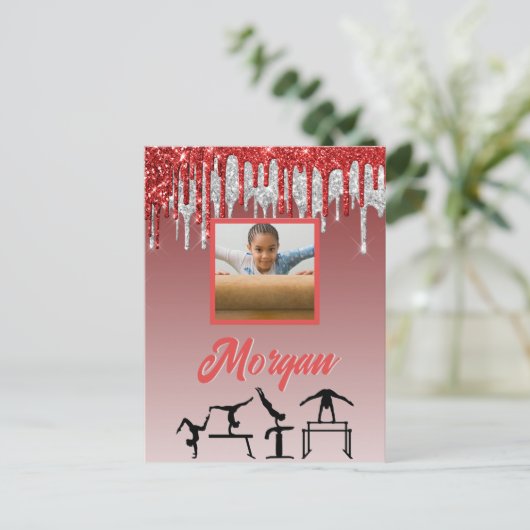 Gymnastiek Rood & Zilver Glitter Drip Aangepaste f Briefkaart (Staand voorkant)