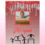 Gymnastiek Rood & Zilver Glitter Drip Aangepaste f Legpuzzel<br><div class="desc">Gymnastics Red en Silver Glitter Drip Ombre design,  voorzien van de naam van uw gymnast of uw gymnastiekclub en uw eigen foto!</div>