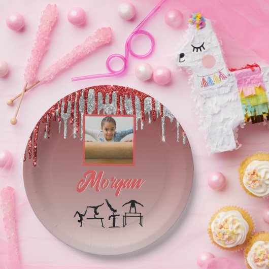 Gymnastiek Rood & Zilver Glitter Drip Aangepaste f Papieren Bordje (Feest)
