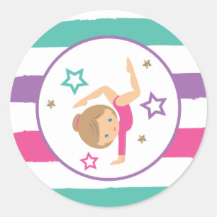 Gymnastiek Roze Paars Turquoise Girl Birthday Cla Ronde Sticker