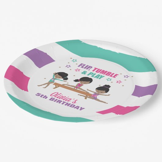 Gymnastiek Roze Paarse Turquoise Girl Birthday Pap Papieren Bordje (Gekanteld)