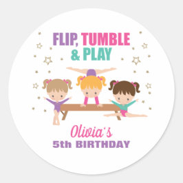 Gymnastiek Roze Paarse Turquoise Girl Birthday Ronde Sticker