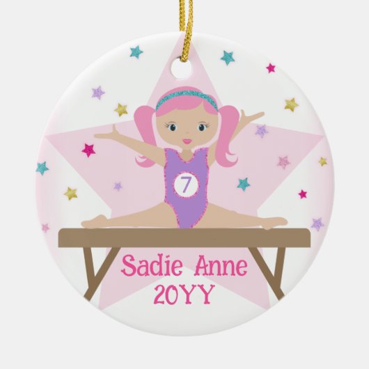 Gymnastiek Schattige Gymnast met Roze Haar Custom  Keramisch Ornament (Voorkant)