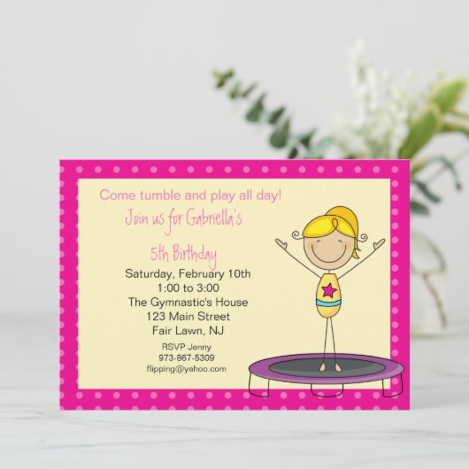 Gymnastiek Stick Figuur Birthday Uitnodiging (Staand voorkant)