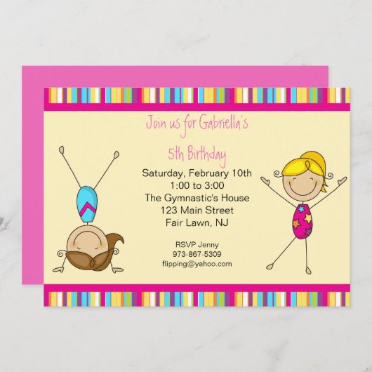 Gymnastiek Stick Figuur Birthday Uitnodiging (Voorkant / Achterkant)