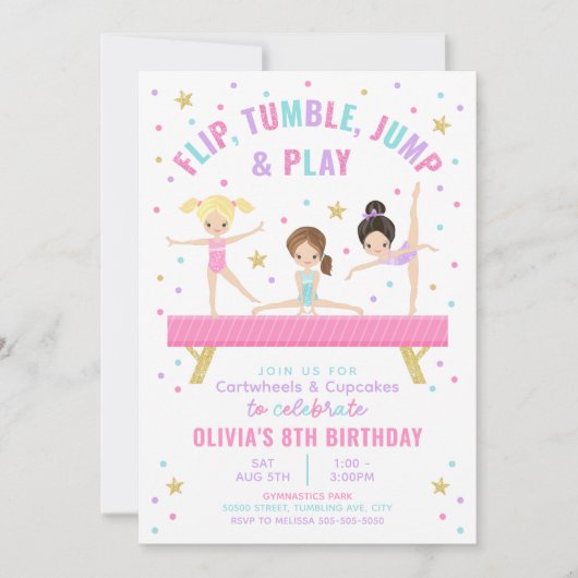 Gymnastiek Tumble Roze Verjaardag Uitnodiging (Voorkant)